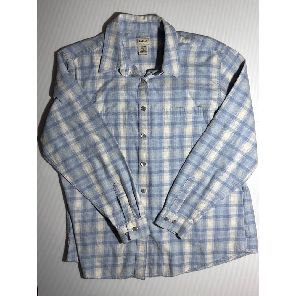 LL Bean Womens Large Flannel Shirt Blue Cream Plaid Button Up 100% Cotton